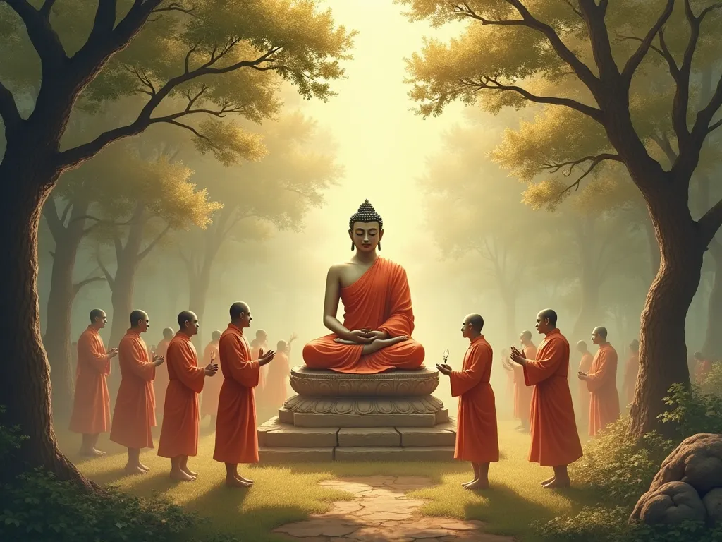 Buddha in a deer park surrounded by monks in saffron robes.